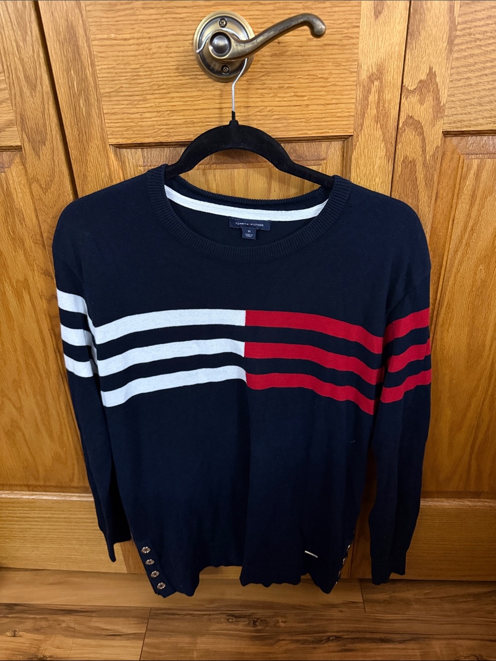 Tommy Hilfiger Navy Crewneck Sweater with Red & White Stripes